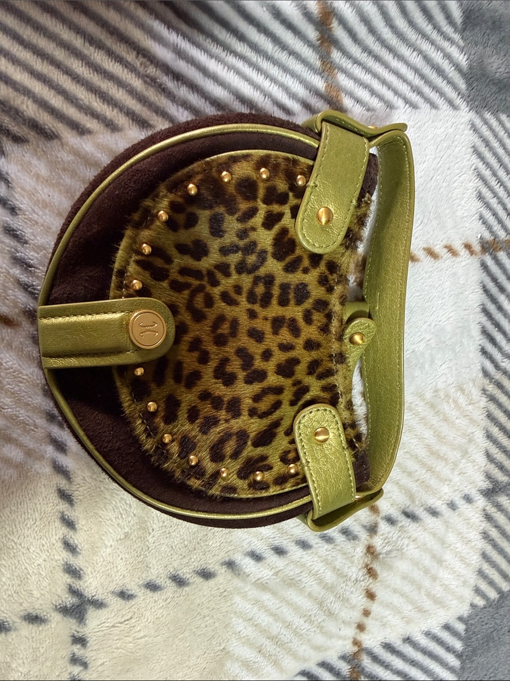 Vintage Súper mini Olive Green Leopard-Accent Round Women’s Handbag